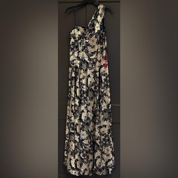 Betsy & Adam Navy and Gold Floral One-Shoulder Long Dress Gown Size 14 NWT - Picture 5 of 11